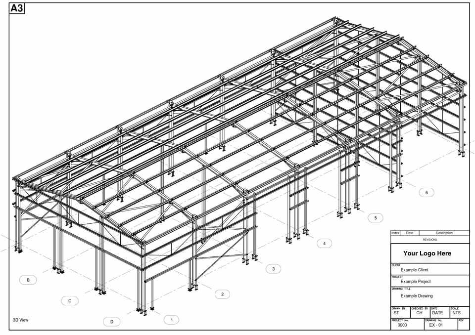 Detailed 3D steel shop drawing showing beam and column layout for a structural steel frame. example of professional steel detailing services by SteelVille™
